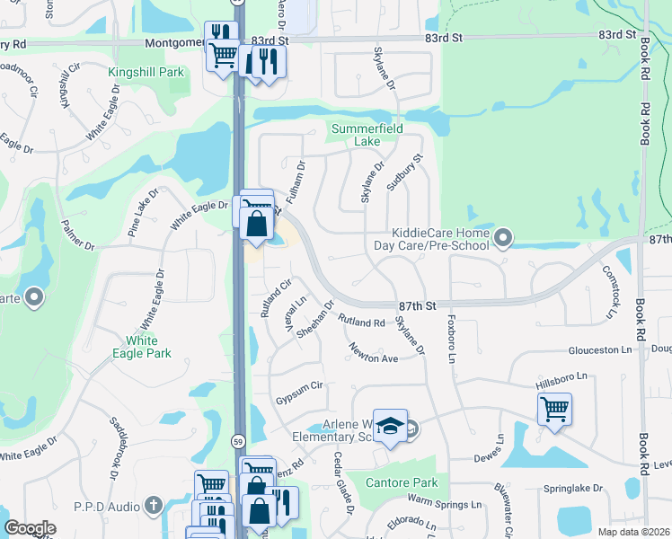 map of restaurants, bars, coffee shops, grocery stores, and more near 2719 Whitchurch Court in Naperville