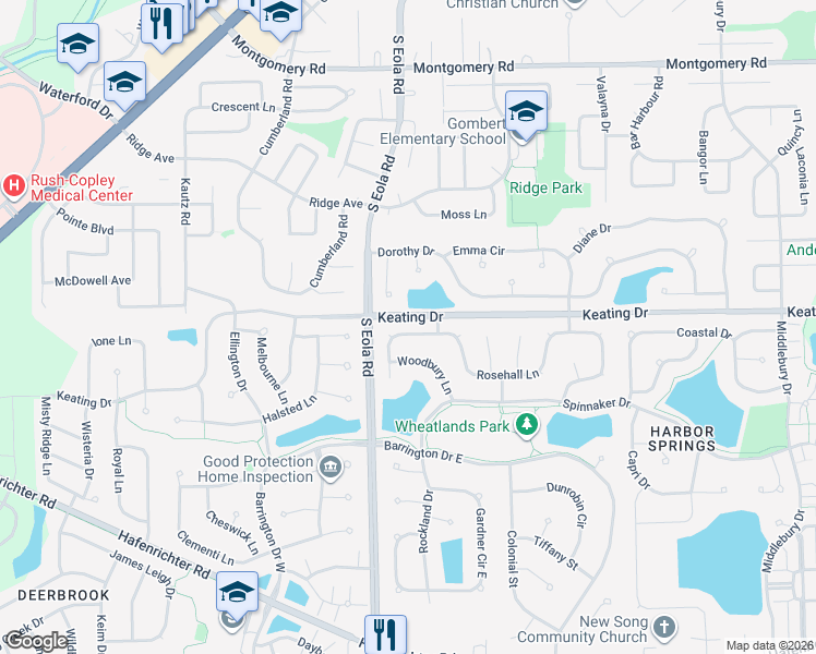 map of restaurants, bars, coffee shops, grocery stores, and more near 2509 Rosehall Lane in Aurora