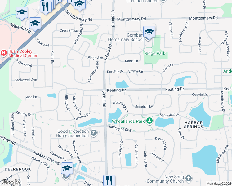 map of restaurants, bars, coffee shops, grocery stores, and more near 2509 Rosehall Lane in Aurora