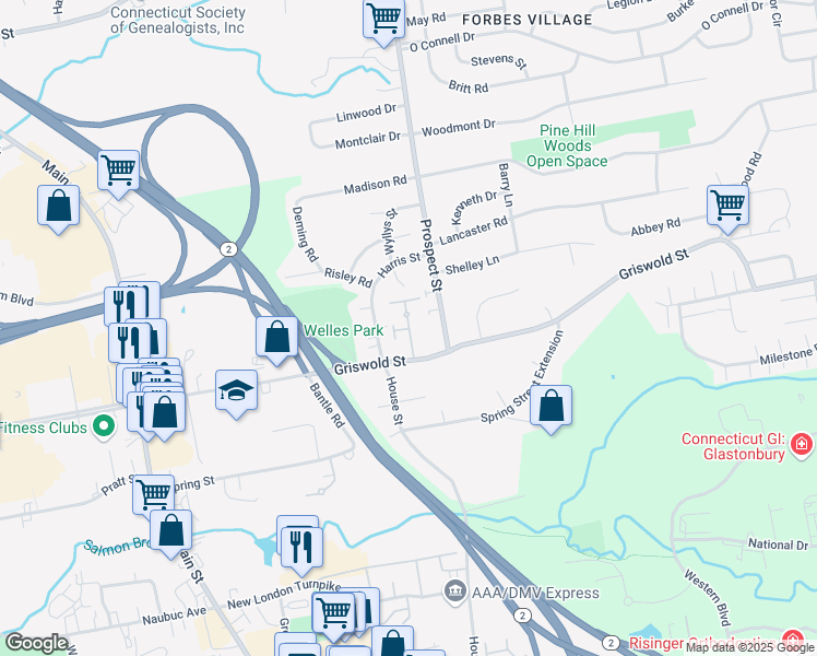 map of restaurants, bars, coffee shops, grocery stores, and more near 239 Griswold Street in Glastonbury