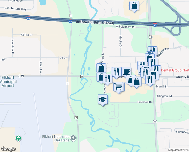 map of restaurants, bars, coffee shops, grocery stores, and more near 26887 County Road 6 in Elkhart