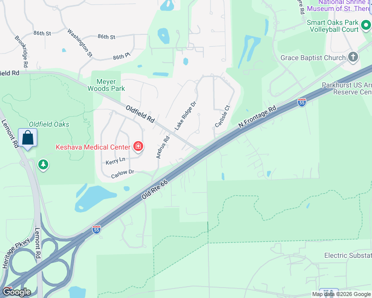 map of restaurants, bars, coffee shops, grocery stores, and more near 400 North Frontage Road in Downers Grove