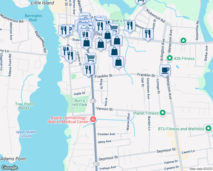 map of restaurants, bars, coffee shops, grocery stores, and more near 33 Massasoit Avenue in Warren