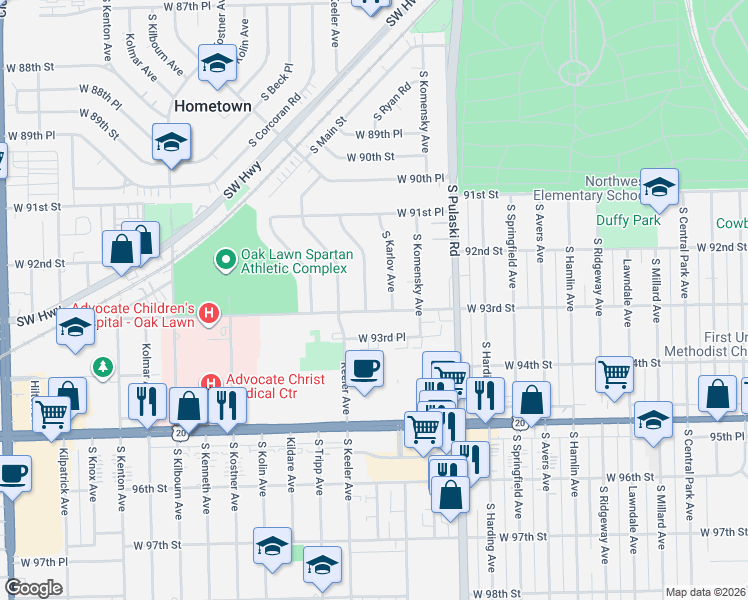 map of restaurants, bars, coffee shops, grocery stores, and more near 4101 West 93rd Street in Oak Lawn