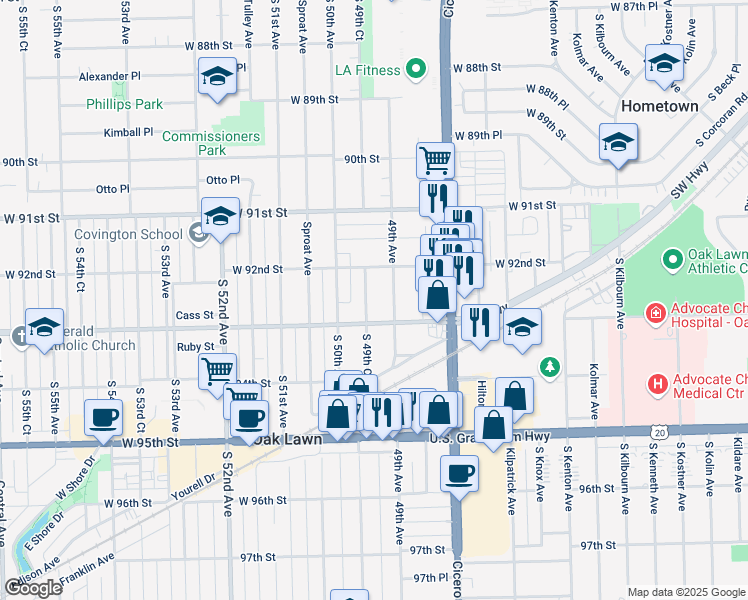 map of restaurants, bars, coffee shops, grocery stores, and more near 9247 South 49th Court in Oak Lawn