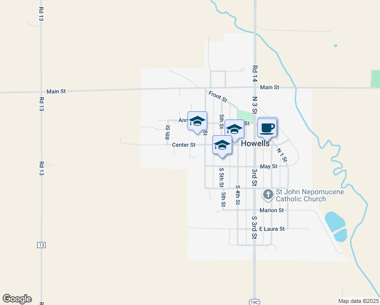 map of restaurants, bars, coffee shops, grocery stores, and more near 119 7th Street in Howells