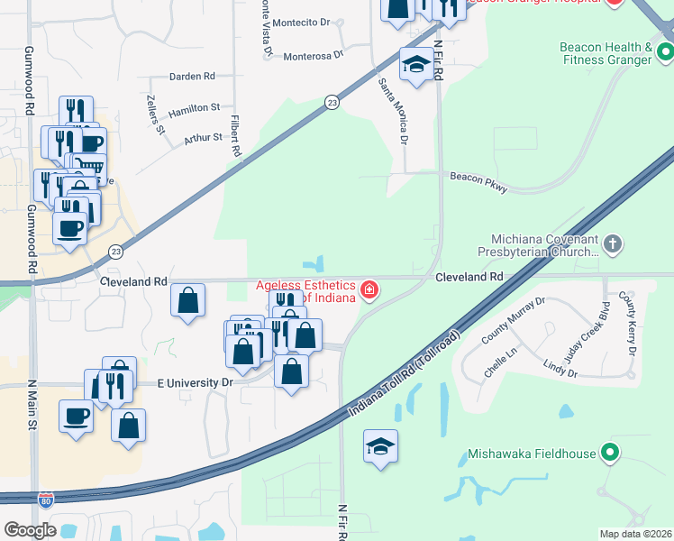 map of restaurants, bars, coffee shops, grocery stores, and more near 15220-15476 Cleveland Road in Granger