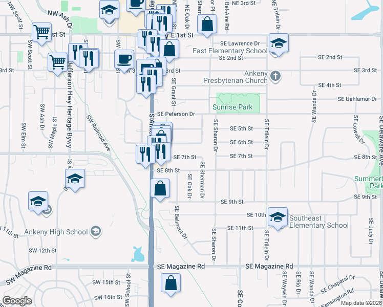 map of restaurants, bars, coffee shops, grocery stores, and more near 309 Southeast 7th Street in Ankeny