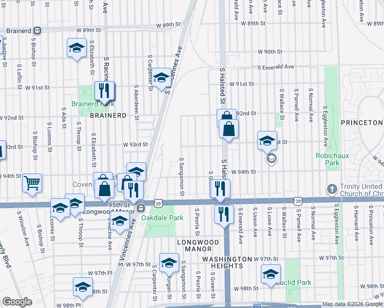 map of restaurants, bars, coffee shops, grocery stores, and more near 9327 South Sangamon Street in Chicago
