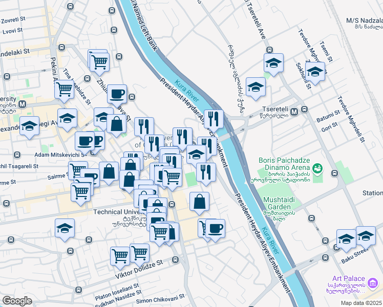 map of restaurants, bars, coffee shops, grocery stores, and more near Merab Kostava Street in Tbilisi