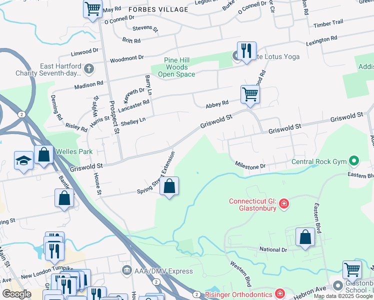map of restaurants, bars, coffee shops, grocery stores, and more near 378A Griswold Street in Glastonbury