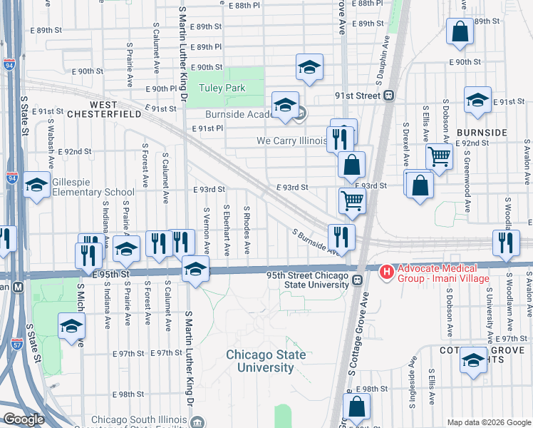 map of restaurants, bars, coffee shops, grocery stores, and more near 9300 South Burnside Avenue in Chicago