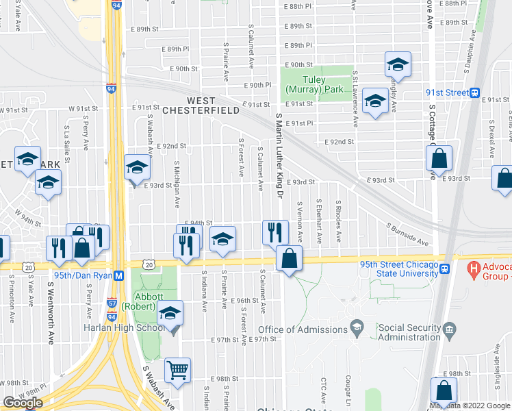 map of restaurants, bars, coffee shops, grocery stores, and more near 9334 South Calumet Avenue in Chicago