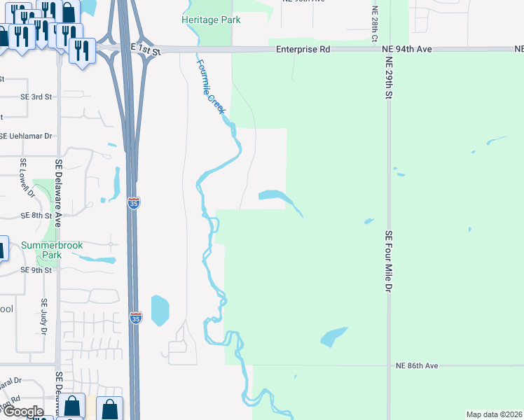 map of restaurants, bars, coffee shops, grocery stores, and more near 599 Southeast Frisk Drive in Ankeny