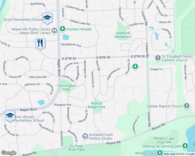 map of restaurants, bars, coffee shops, grocery stores, and more near 2263 University Drive in Naperville