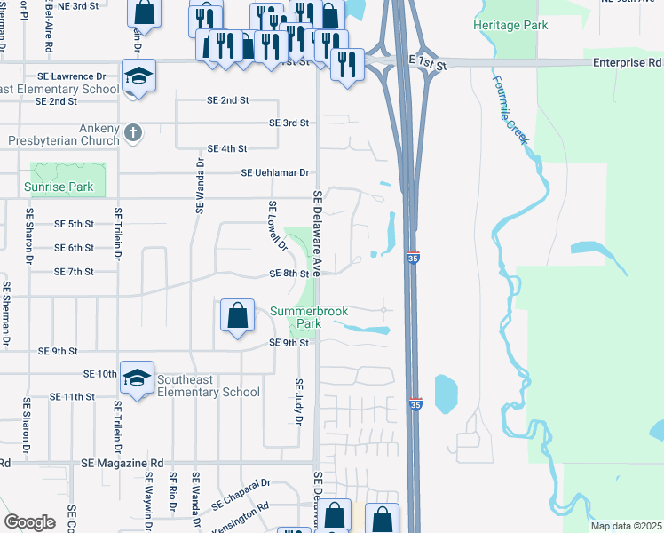 map of restaurants, bars, coffee shops, grocery stores, and more near 1124 SE Mill Pond Ct in Ankeny