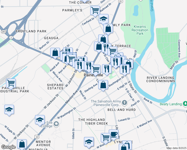 map of restaurants, bars, coffee shops, grocery stores, and more near in Painesville