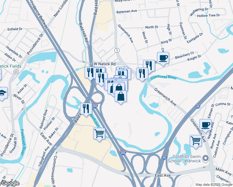 map of restaurants, bars, coffee shops, grocery stores, and more near 400 Bald Hill Road in Warwick
