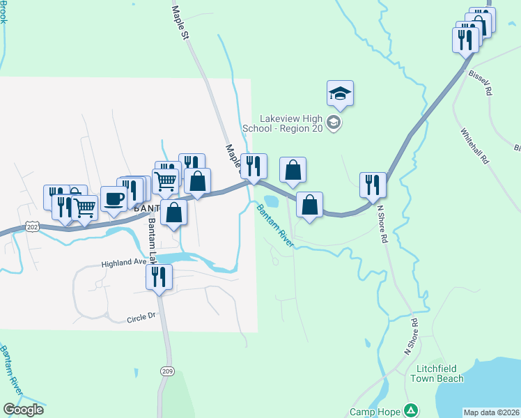 map of restaurants, bars, coffee shops, grocery stores, and more near 49 Maple Street in Litchfield
