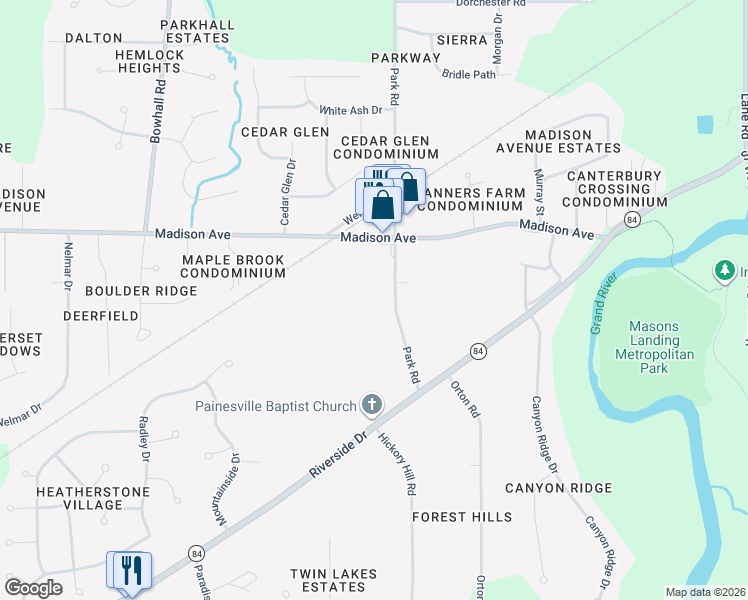 map of restaurants, bars, coffee shops, grocery stores, and more near 74 Park Road in Painesville