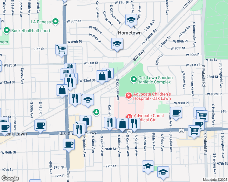 map of restaurants, bars, coffee shops, grocery stores, and more near 4500 West 93rd Street in Oak Lawn