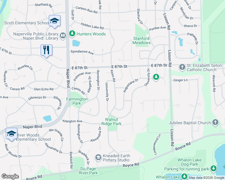 map of restaurants, bars, coffee shops, grocery stores, and more near 2263 University Drive in Naperville