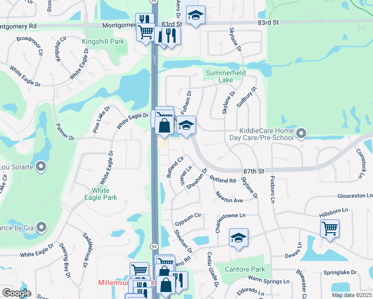 map of restaurants, bars, coffee shops, grocery stores, and more near 2840 Rutland Circle in Naperville
