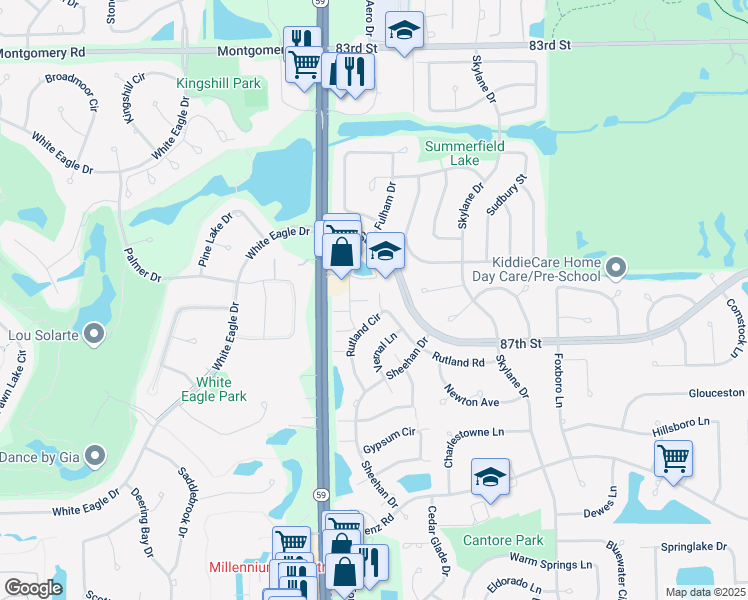 map of restaurants, bars, coffee shops, grocery stores, and more near 2220 Waterleaf Court in Naperville