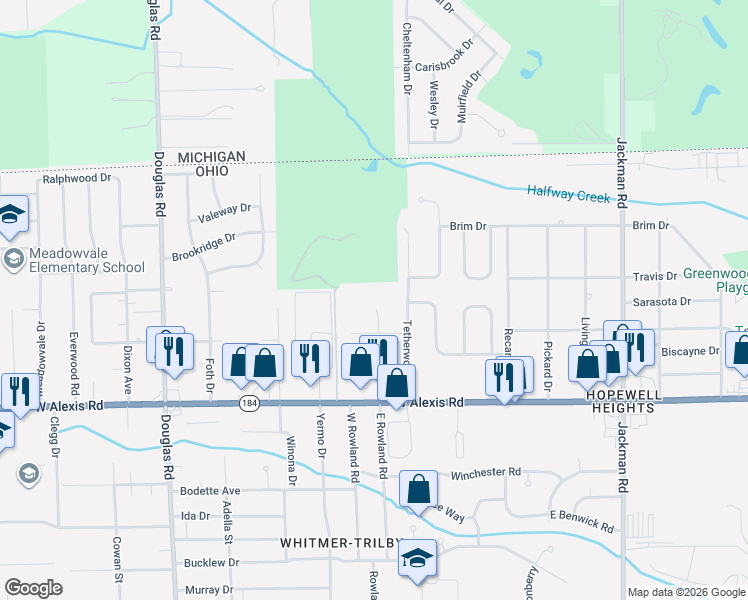map of restaurants, bars, coffee shops, grocery stores, and more near 2132 Stirrup Lane in Toledo