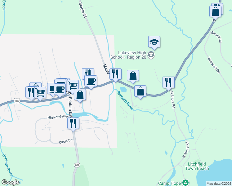 map of restaurants, bars, coffee shops, grocery stores, and more near 49 Maple Street in Litchfield