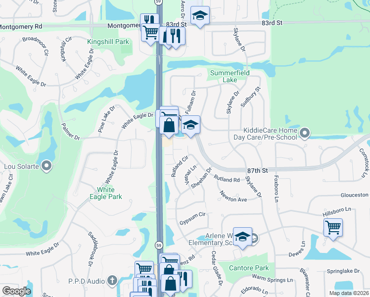 map of restaurants, bars, coffee shops, grocery stores, and more near 2220 Waterleaf Court in Naperville