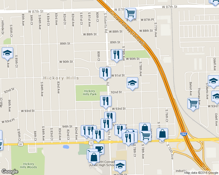 map of restaurants, bars, coffee shops, grocery stores, and more near 9143 South Roberts Road in Hickory Hills