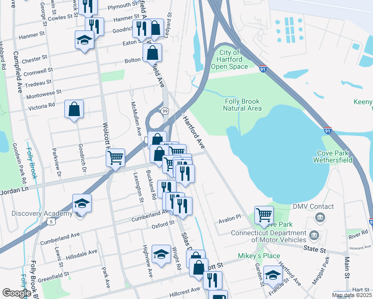map of restaurants, bars, coffee shops, grocery stores, and more near 21 Jordan Lane in Wethersfield