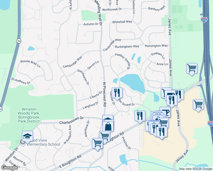 map of restaurants, bars, coffee shops, grocery stores, and more near 701 North Pinecrest Road in Bolingbrook
