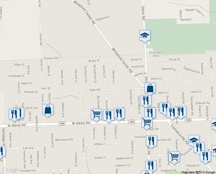 map of restaurants, bars, coffee shops, grocery stores, and more near 6006 Acoma Drive in Toledo