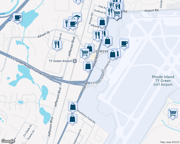 map of restaurants, bars, coffee shops, grocery stores, and more near 2119 Post Road in Warwick