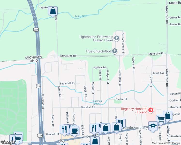 map of restaurants, bars, coffee shops, grocery stores, and more near 6030 Meade Road in Sylvania