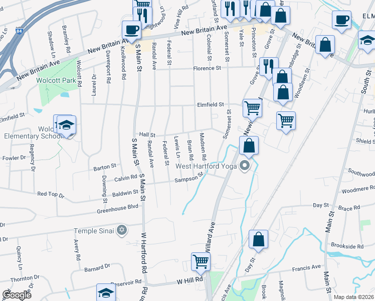 map of restaurants, bars, coffee shops, grocery stores, and more near 24 Lewis Lane in West Hartford