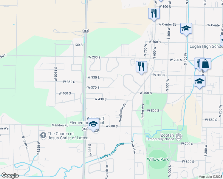 map of restaurants, bars, coffee shops, grocery stores, and more near 850 West 370 South in Logan