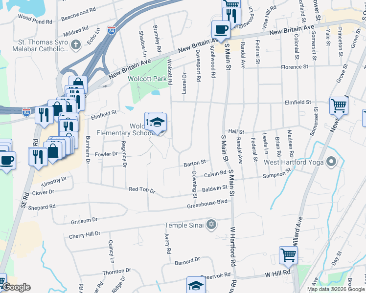 map of restaurants, bars, coffee shops, grocery stores, and more near 104 Davenport Road in West Hartford