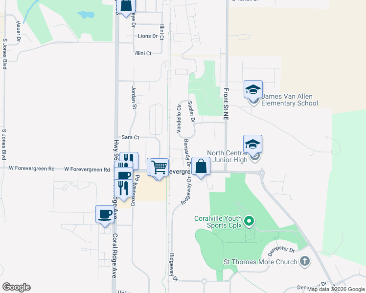 map of restaurants, bars, coffee shops, grocery stores, and more near 1825 Caleb Court in North Liberty