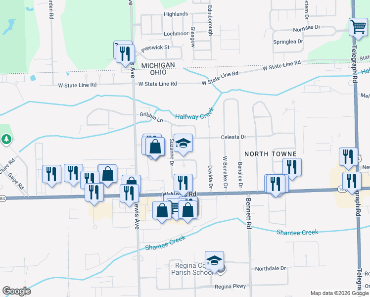 map of restaurants, bars, coffee shops, grocery stores, and more near 760 Northlawn Drive in Toledo