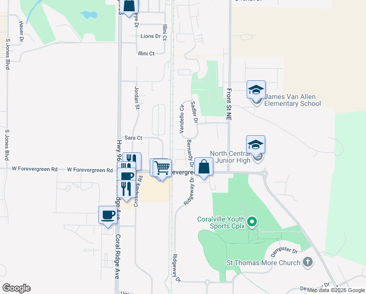 map of restaurants, bars, coffee shops, grocery stores, and more near 1825 Caleb Court in North Liberty