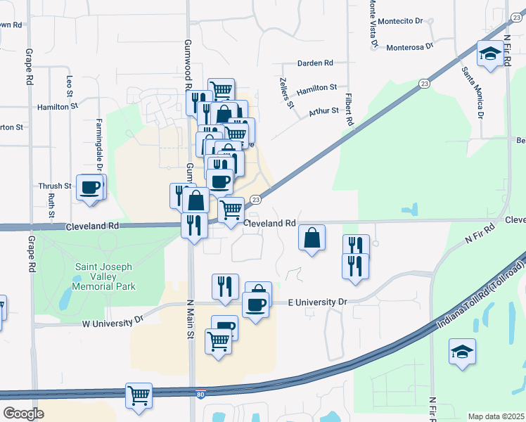 map of restaurants, bars, coffee shops, grocery stores, and more near 430 Cleveland Road in Granger