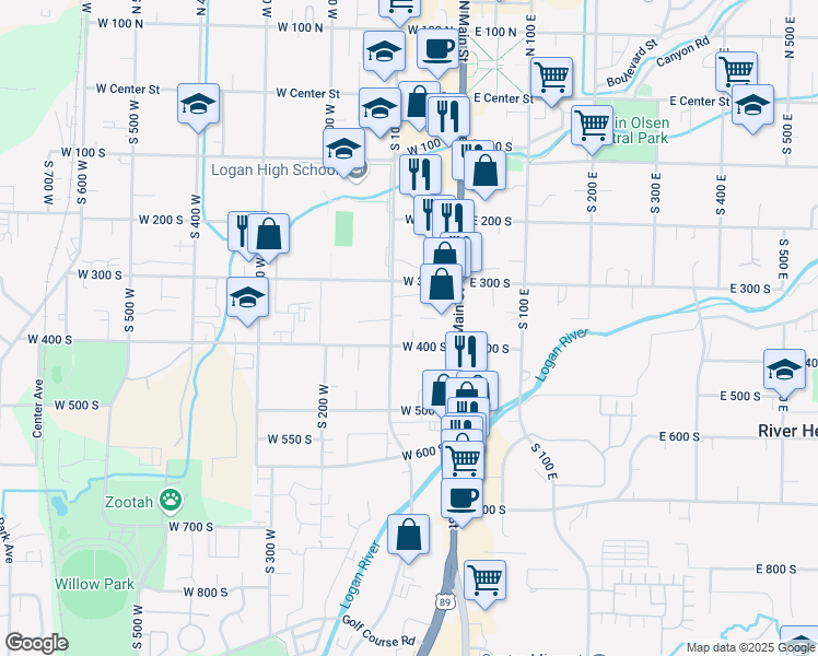 map of restaurants, bars, coffee shops, grocery stores, and more near 70 West 400 South in Logan