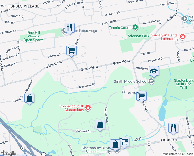 map of restaurants, bars, coffee shops, grocery stores, and more near 2 Holly Lane in Glastonbury