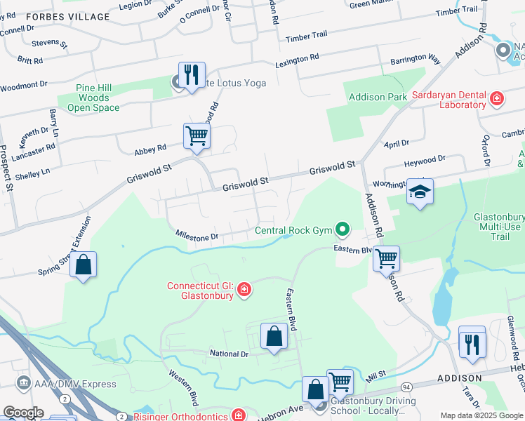 map of restaurants, bars, coffee shops, grocery stores, and more near 2 Holly Lane in Glastonbury