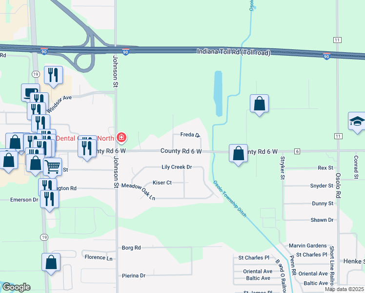 map of restaurants, bars, coffee shops, grocery stores, and more near 25686 County Road 6 in Elkhart
