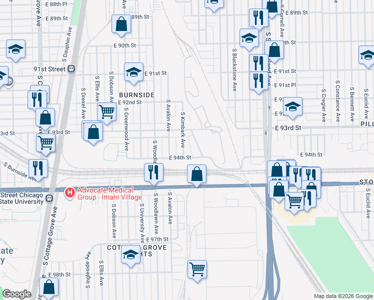 map of restaurants, bars, coffee shops, grocery stores, and more near 9358 South Kimbark Avenue in Chicago