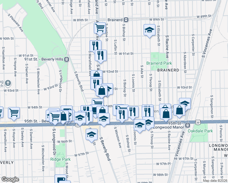 map of restaurants, bars, coffee shops, grocery stores, and more near 9329 South Laflin Street in Chicago